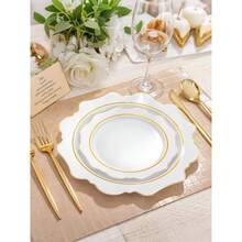 200PCS White And Gold Plastic Plates - Gold Plastic Plates - Include Dinner Dessert Disposable Party Plate - Fancy Disposable Plate WeddingThanksgivingBridal Shower - Trắng và Vàng + 100 - Xem 3