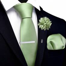 Corbata formal sólida y pañuelo de bolsillo, corbata lisa, alfiler de solapa y set para hombres - J-Verde salvia -2 - Ver 2