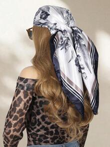1pc Women's Geometric Satin Square Scarf – Fashionable Headband & Hairband, Elegant Bandana For Outdoor & Daily Wear, Perfect Valentine's Day Gift - 海軍藍 - 查看 1