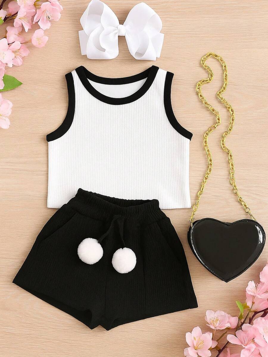 Girls' And Teen Girls' 2-Piece Set: Cropped Tank Top And Shorts With Pompom Detail, Ribbed Knit, Super Delicate, Spring/Summer Fashion CJI034 - Black - View 1