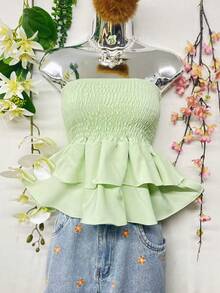 T110Cropped Elastic Blouse With Ruffle - Light Green - View 4