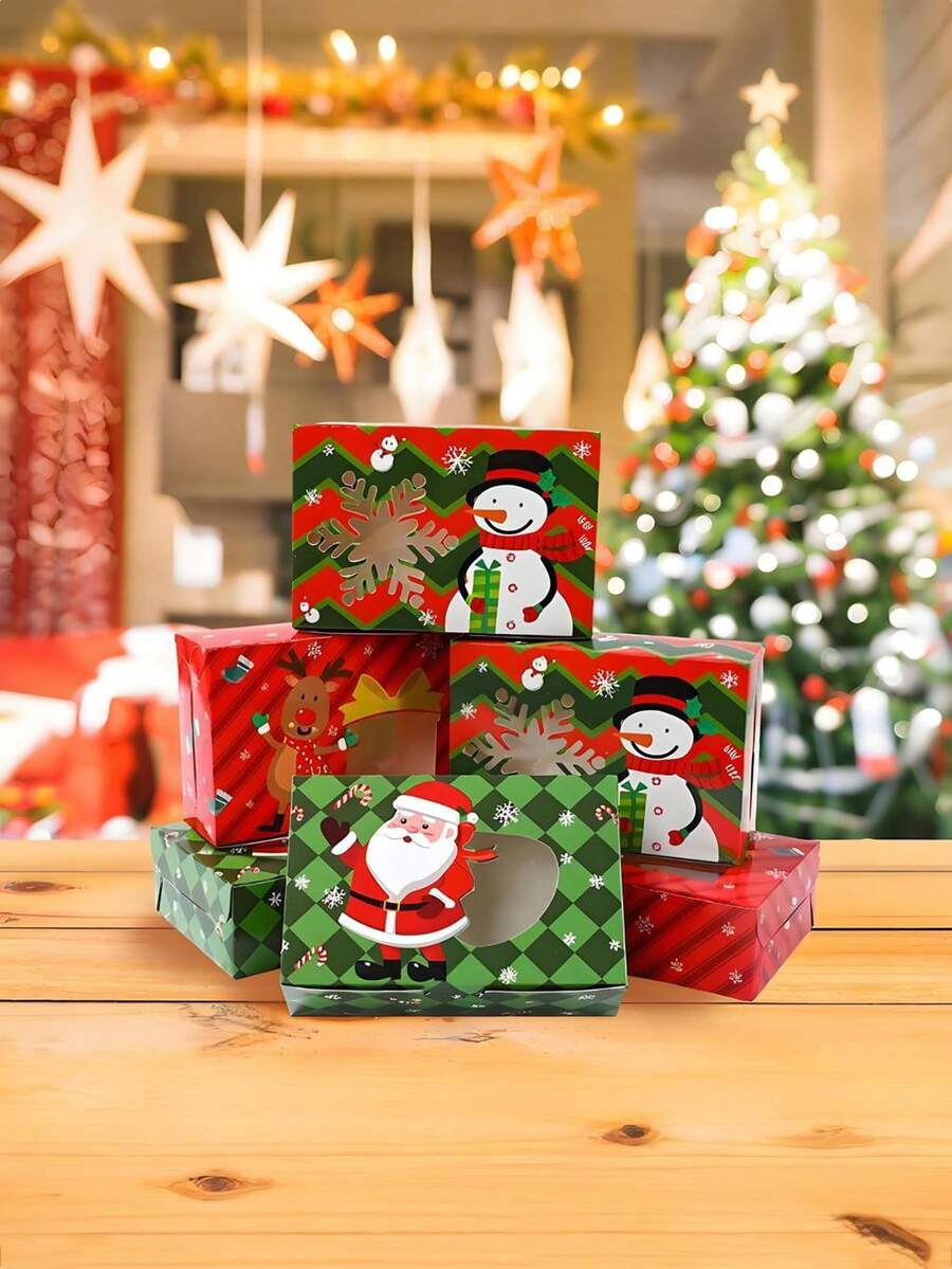 6pcs Assorted Christmas Cookie Gift Boxes – Santa/Reindeer/Snowman Designs, Festive Paper Packaging, Window Design | For Christmas/New Year Gift-Giving, Home/Party Decor & Holiday Candy Packaging - Multicolor - View 1