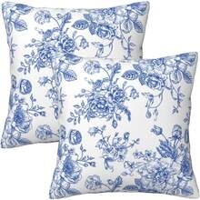 2 Pcs Pink And White Floral Pillow Cases 18"X18" Decorative Vintage Chinoiserie Flower Square Throw Pillow Covers 100% Polyester One Side Printing Pillowcase With Envelope Closure For Home Living Room Bedroom Dining Room Decor (Do Not Include Insert) - Phong cách Trung Hoa Xanh và Trắng2 - Xem 1