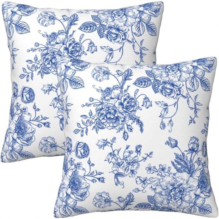 2 Pcs Pink And White Floral Pillow Cases 18"X18" Decorative Vintage Chinoiserie Flower Square Throw Pillow Covers 100% Polyester One Side Printing Pillowcase With Envelope Closure For Home Living Room Bedroom Dining Room Decor (Do Not Include Insert) - Phong cách Trung Hoa Xanh và Trắng2 - Xem 1