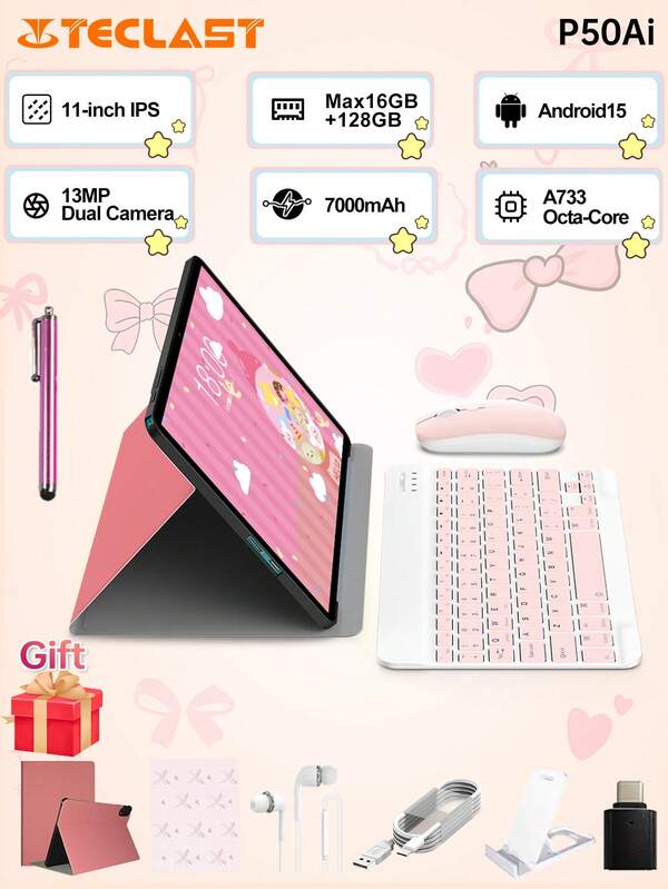 Teclast Teclast P50Ai New Android 15 Tablet,11 Inch IPS,1280*800 Resolution,Allwinner A733 Octa-Core, 16GB(6GB+10GB Virtual ) RAM,128GB ROM, 7000mAh Battery,Type-C Charging,Back13MP+Front5MP Camera, 2in 1 Tablet PC,Pink Tablet Case ,With Pink Keyboard &Wireless Mouse,Mouse Pad Accessories Bundle