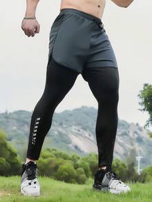 男士运动裤，印花裤脚和口袋设计，弹性健身裤，适合运动、健身和户外骑行（春季款） - 灰色 - 查看 5