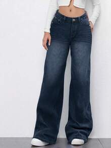 Jeans de pierna recta para mujer - Pantalones vaqueros con bolsillos en diagonal, pantalones vaqueros clásicos versátiles y cómodos para uso diario