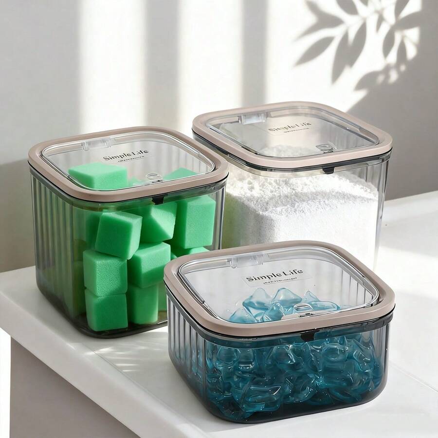 1pc/2pcs Plastic Laundry Detergent Storage Box, Multifunctional Bathroom Organizer And Storage Container For Laundry Powder, Bath Bombs, Fragrance Boosters, Space-Saving Kitchen And Laundry Room Storage, Lightweight Laundry Organizer, Cabinet/Countertop Storage Box, Suitable For Dishwasher Tablets, Dish Soap, Durable Plastic Laundry Powder Box With Lid, Suitable For Laundry Room, Bathroom Organization And Home Storage - Transparent Black - View 1