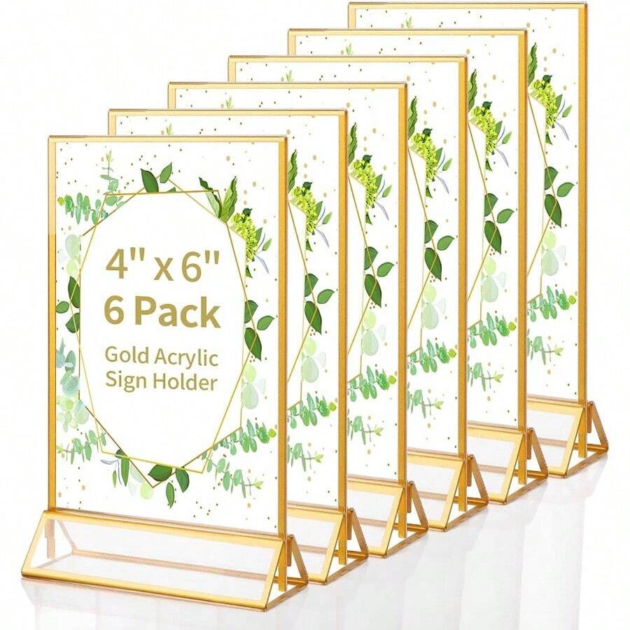 Gold Acrylic Sign Holder 4X6 Inch, 6 Pack Wedding Table Number Frames Vertical, Double Sided Display Gold Picture Frame, Menu Holders Wedding Reception, Party Decoration - Tiêu chuẩn - Xem 1