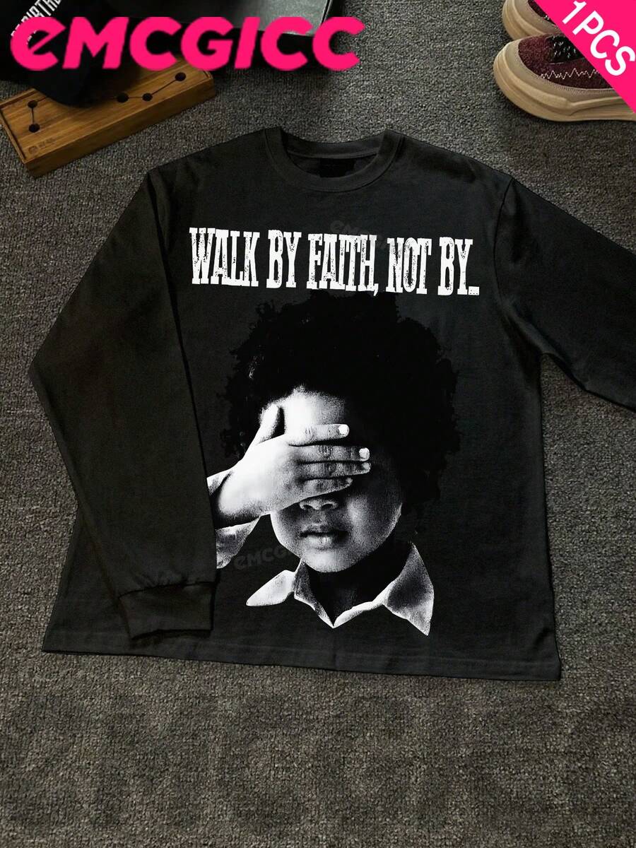 EMCGICC Manfinity Y2k Thin Long Sleeved T-Shirt For Men,Graphic T Shirt Cotton 220g,Fashionable Hip-Hop For Men -  Long Sleeve T-Shirts, Funny Vintage Shirts,Regular Fit, Street Style, Digital Print,  Ideal Gift - 黑色 - 查看 1