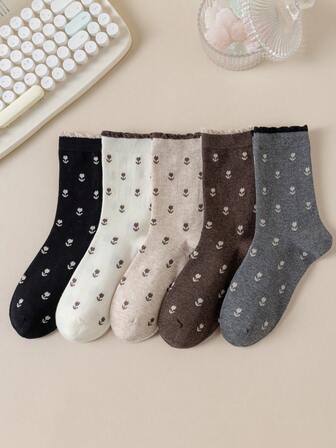 1/5 Pairs Women's New Floral Mid-Calf Socks, Retro Tulip Design, Comfortable Loose Cuff, Cute Floral Lace, Suitable For Daily, Casual, Sports, Party, Commute, Business, Gifts, All Seasons