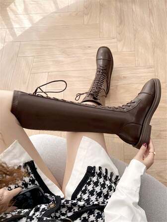 2025 秋冬新款棕色女士及膝靴，平底，过膝，系带，加大码 43，高筒，靴子，松紧带