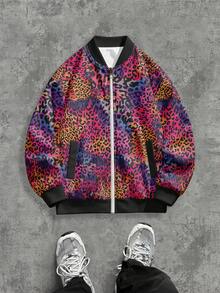 Autumn Retro Men's Fashion Bomber Jacket, Rainbow Leopard Digital Print Zipper Casual Party Wear - Multicolor - View 12