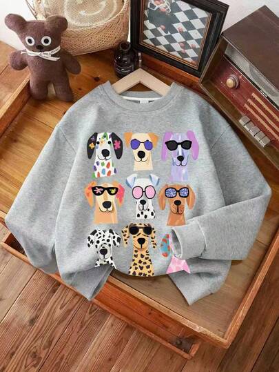 Girls' Cute Dog Graphic Casual Minimalist Long Sleeve Sweatshirt, Fashionable Crew Neck Pullover, Suitable For Autumn/Winter