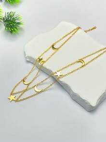 قلادة نسائية من الطبقتين بعنصر النجوم والقمر باللون الذهبي، قلادة خانق من الفولاذ المقاوم للصدأ بشكل النجوم والقمر، إكسسوار يومي متعدد الطبقات، هدية