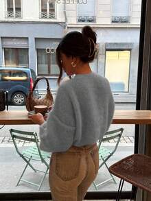 秋冬新款少女粉红风情圆领长袖针织衫，宽松简约百搭落肩套头毛衣，圣诞新年 - 灰色 - 查看 5