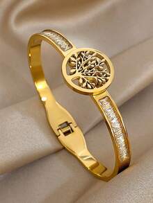 18K Gold Plated Stainless Steel Luxury Elegant Square & Tree Of Life Openwork Bangle Bracelet Set For Women, Mom Gift Christmas Thanksgiving Halloween Wedding Rave/Prom/Party/Daily Accessories Gift For Anniversary Valentine's Day Boho Jewelry Birthday Bridesmaid Gifts