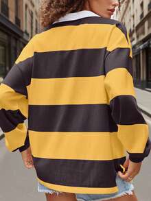 Y2k Women Striped Rugby Polo Shirt Long Sleeve Collared Oversized Vneck Sweatshirt Vintage Jersey Girls Streetwear - 黃色 - 查看 3