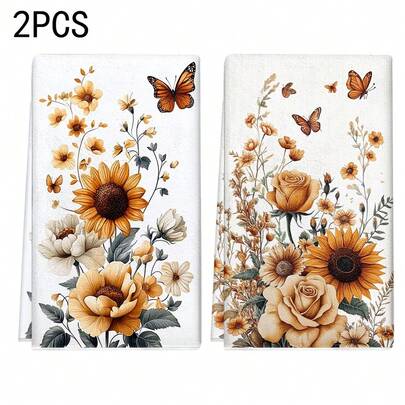 2 pezzi/100 pezzi Asciugamani da cucina e panni per piatti con stampa di girasoli e farfalle autunnali, adatti per ristorante, cucina, bagno, decorazione per feste, regali per vacanze, possono essere regalati per il Ringraziamento