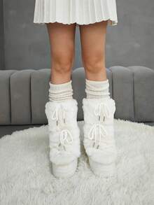Faux Fur Boots For Women Winter Snow Boots Platform Lace Up Round Toe Boots Warm Snow Shoes Fluffy Winter Boots - 白色 - 查看 4