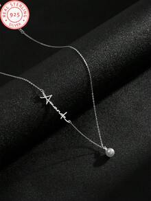 1pc 925 Sterling Silver Personalised Pendant Necklace, Tassel Pearl Necklace, Customised English Name Necklace. The Perfect Gift For Her, Ideal For Girlfriends, Boyfriends, Parents And Loved Ones. An Excellent Choice For Anniversaries, Birthday Celebrations, Graduation Ceremonies And Prom Parties. Minimalist And Unisex Style, Exuding Effortless Charm.