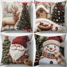 4 fundas de cojín con estampados de Papá Noel y muñeco de nieve en 2D (no bordados reales) de estilo moderno, de poliéster suave con cierre de cremallera, lavables a máquina, decoración navideña adecuada para el hogar, la sala de estar y la cama con escena invernal