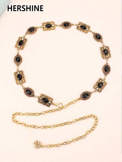 Hershine 1pc Women's Belt, Bridal Waist Chain, Elegant Shiny Bohemian Black Gemstone Textured Waist Chain, Matching Dress, Gown, Wedding, Party, Festival Fall, Autumn, Halloween