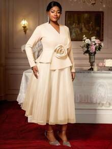 Plus Size Fall Clothes For Women Long Sleeve Blazer Dress V Neck Asymmetrical Peplum Tulle With Big Flower A-Line Tulle Swing Dresses For Party Wedding - 杏色 - 查看 3