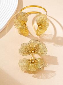 Set de pulsera y anillo con colgante de flor hueca con textura metálica dorada elegante, adecuado para atuendos diarios, de fiesta y de vacaciones de mujeres - Amarillo Oro - Ver 5