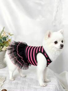1件宠物服装，猫/狗衣服，荧光绿和粉色条纹弹力蓬蓬裙，婚纱 - 彩色 - 查看 7