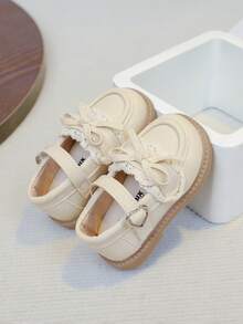 1 Pair Cute Beige Bow Infant Shoes, Soft Toddler Prewalker Shoes, Lace Decor English Style Baby Girl Shoes, Breathable Casual Princess Shoes, Outdoor Running Play Beige Leather Shoes For 1-5 Years Old Girls, Suitable For Home, Park, Social Occasions And More - Beige - View 9
