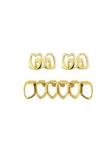 1 件 14k 铜空心心形镂空夹式牙齿饰品，Y2K Grillz 情人节万圣节装饰牙齿饰品，适合女士 - 杏色 - 查看 9