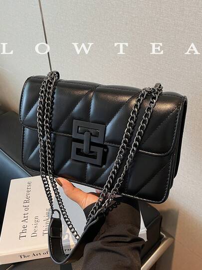 1 件纯色 PU 面料单肩包，女士时尚绗缝刺绣图案小方包，配有金属链带和锁扣，适合购物、约会、女士礼物，适合青少年、女大学生和办公室职员，适合办公室、学校、工作、商务、通勤