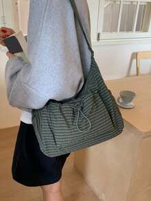 格子女士单肩包，休闲百搭可折叠拉链封口可调节肩带手提包，适合日常使用，学校/大学生，简单可爱的褶皱多口袋抽绳前袋布包 - 彩色 - 查看 8