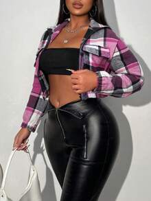 Chaqueta corta a cuadros de moda para mujer, otoño
