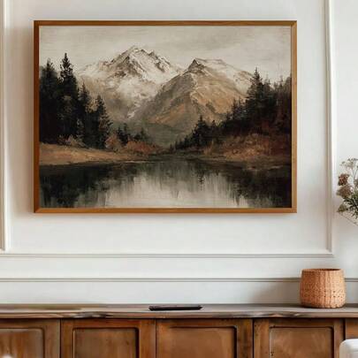 1pc Framed/Unframed Mountain Lake Landscape Vintage Poster Moody Dark Country Wall Art Canvas Print Minimalist Farmhouse Cottagecore Decor Retro Rustic Painting For Dorm,Bedroom,Living Room,Modern Home Decoration