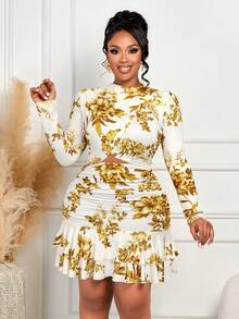 BIUBIU 大码女式优雅长袖高领系腰多层印花A字裙，秋冬款