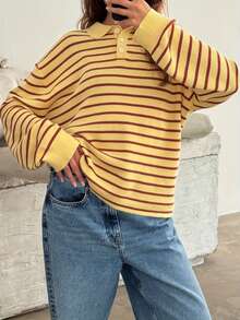Women Cable Knit Sweater Loose Solid Color Crew Neck Long Sleeve Pullover Tops Casual Winter Fall Clothes - 黃色 - 查看 1