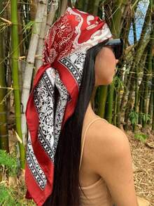 1PC Women's Red & White Paisley Printed Bandana, 90CM Large Satin Square Scarf, Silk-Feel Hair Wrap, Stylish Headscarf For Women, Elegant Hair Accessory For Casual & Formal Wear - Đỏ và Trắng 2 - Xem 2