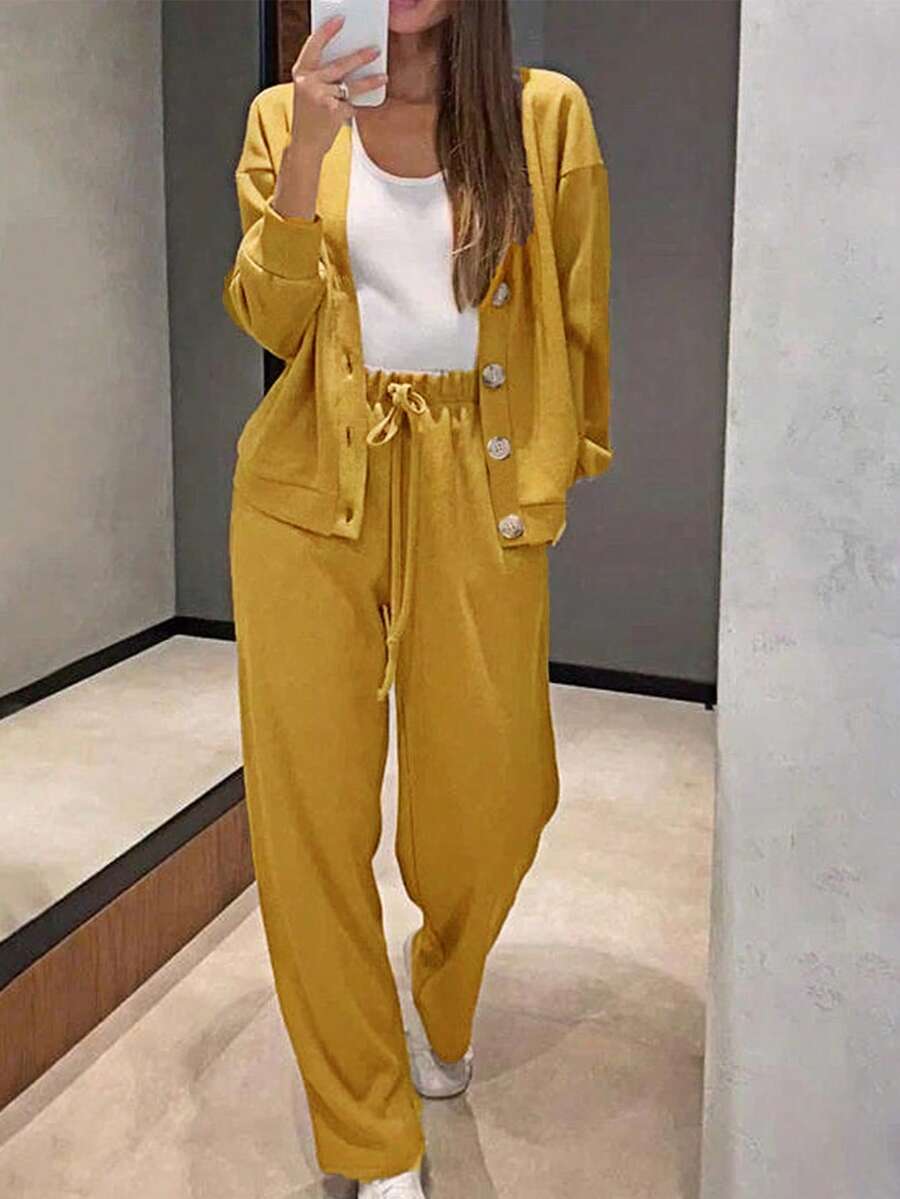 YI XUAN 2pcs Women Casual Knit Cardigan Jacket And Drawstring Pants Set