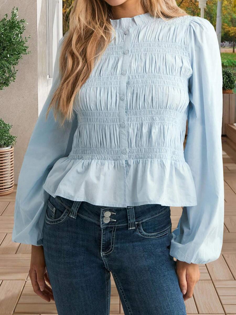 Women's Fall Button Down Blouses Casual Stylish Solid Shirred Ruffled Trim Bubble Long Sleeve Tops - Blue - View 1