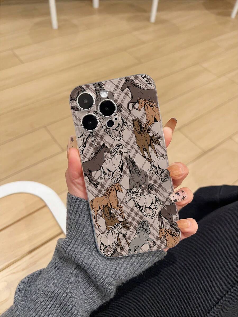 1pc Thick Transparent Anti-Drop UV Painted TPU Phone Case With Galloping Horse Pattern, Suitable For IPhone 17/17 Air/17 Pro/17 Pro Max, 16/16 Plus/16 Pro/16 Pro Max, 15/15 Plus/15 Pro/15 Pro Max, 14/14 Plus/14 Pro/14 Pro Max, 13 MINI/13/13 Pro/13 Pro Max, Galaxy
