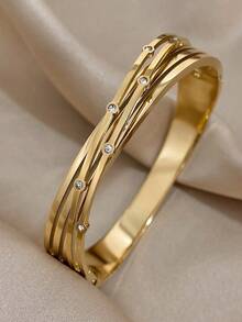 1入金色十字不鏽鋼手鍊,適用於女士、少女,鑲嵌鑽石珠寶,厚實優雅手鍊,日常派對珠寶,母女配戴 - 金黃色 - 查看 8