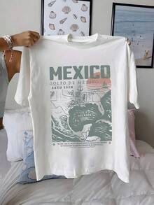 Camiseta de mujer, camiseta de manga corta con estampado ondulado y lema mexicano, camiseta informal de cuello redondo con corte regular, tejido cómodo para todas las estaciones, adecuado para uso diario, camiseta de promoción para mujer, camiseta bonita para mujer, camiseta elegante para mujer. - Blanco - Ver 2