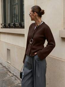 SEREN Neue Herbst/Winter Rundhals Braun Vorder-Strick Cardigan, Damen Casual Merinowolle Strickjacke, geeignet für Pendeln und täglichen Gebrauch - Braun - Übersicht 6