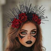 Halloween FLower Headband Day Of The Dead Rose Floral Hair Band Gothic For Women Cosplay Rave Costume Hair Accessories - 如圖 - 查看 3