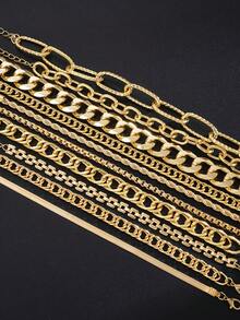 9/5pcs Simple Fashionable Vintage Chunky Metal Chain Bracelet Set, Suitable For Women, Sisters, Couples, Neutral, Vacation, Date, Daily Casual, Party, Wedding, Gift For Mom, Friend - Yellow Gold - View 4