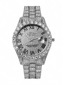 1Pc Luxury Diamond Roman Numeral Day-Date Display Stainless Steel Silver Men's Quartz Watch Sparkling Statement Accessory​ - Silver - View 8