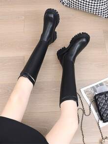 Black Knee-High Riding Boots For Women, Flat Thick Sole, Slim Fit, Buckle Strap, Over-The-Knee Tall Boots, Boots, Plus Size 43 - Black - View 2