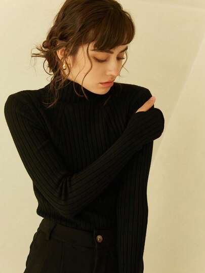 Knit Mix Women Elegant High Neck Knit Sweater, Slim Fit Long Sleeve Versatile French Retro Christmas Jumper, Thanksgiving New Year, Vintage Style Sweater, Back To School Autumn/Winter